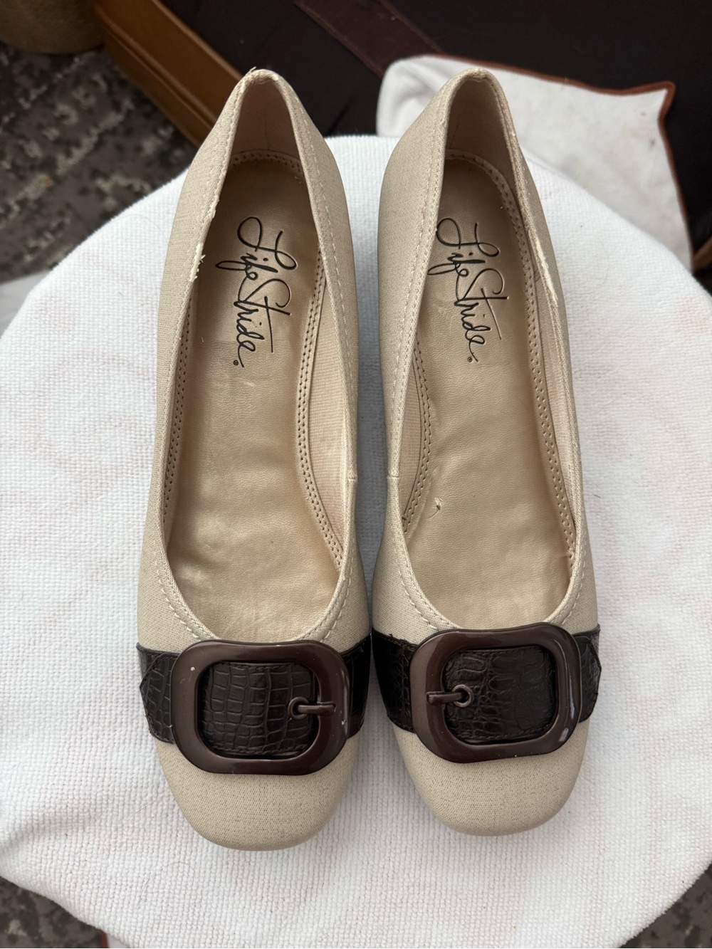 Life Stride Beige Flats with Dark Brown Buckle Trim